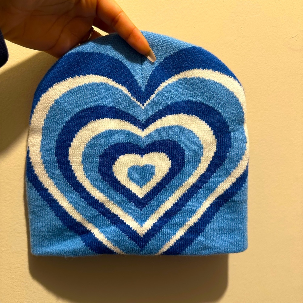 Blue and white beanie